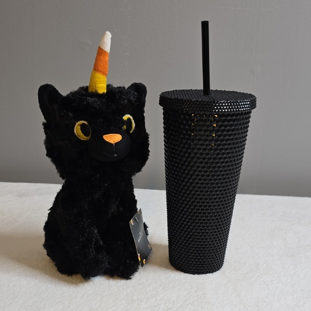 Black Cat Plush with Candy Corn Horn and Black Studded Tumbler